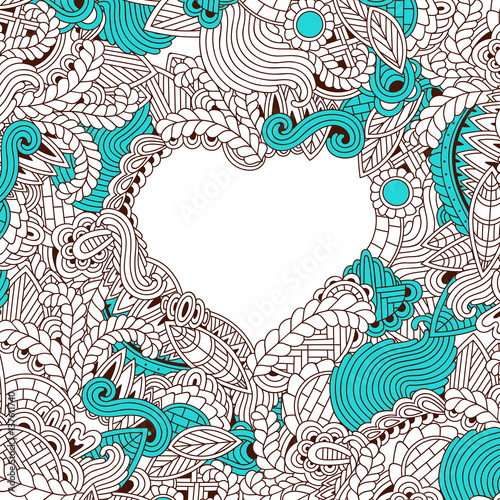 Zendoodle design of heart shape on abstract line art background design for background,wedding card,design element with leaves and waves photo