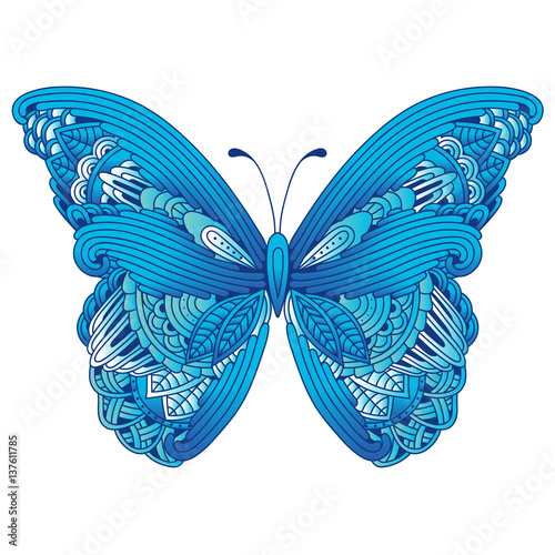 Doodle stylized colored zen art butterfly. Hand drawn vector illustration isolated on white background.