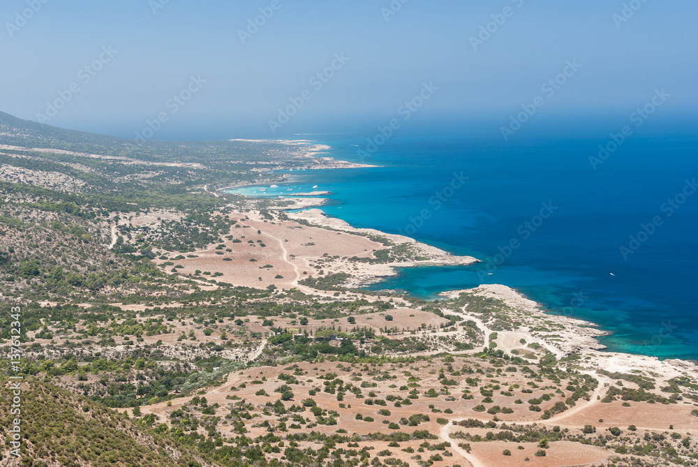Panoramic sea view and Latchi village from the top of a mountain. Cyprus sea view landscape.