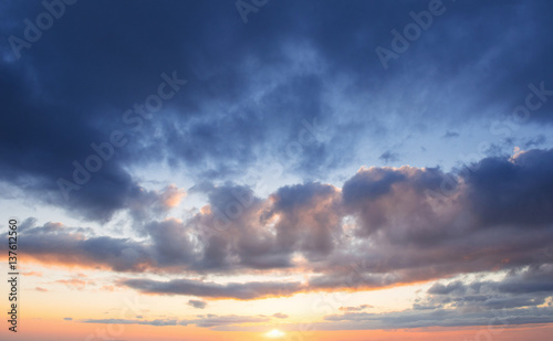 Fantastic sunset in the mountains cumulus clouds. Carpathian, Uk