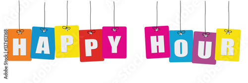 Cardboard hanging - vector colorful. Tags - happy hour.