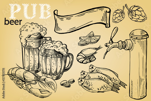 collection of beer items beer mug glass and appetizer in graphic style vector illustration