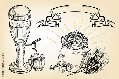 collection of beer items beer tower bag hop mug and glass in graphic style vector illustration
