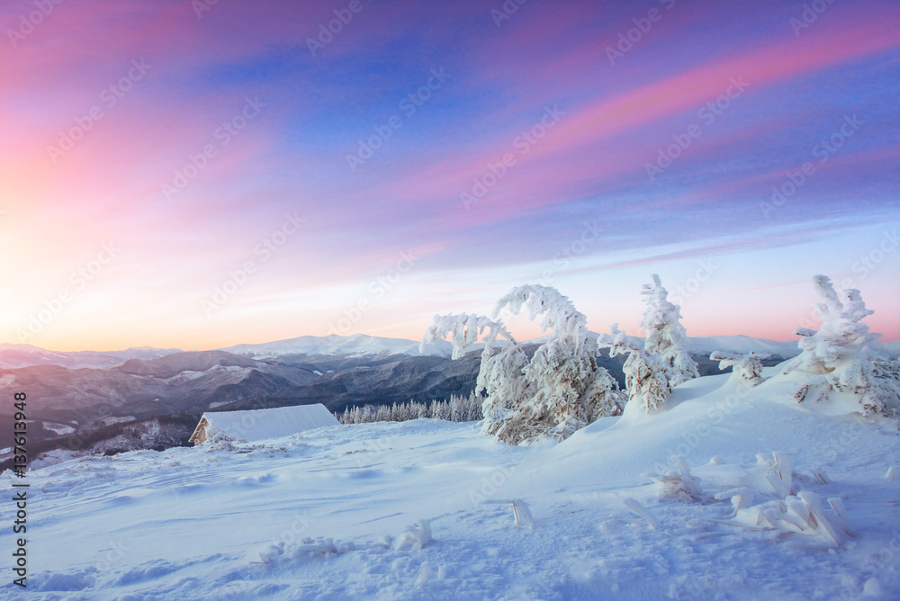 Mysterious winter landscape majestic mountains in 