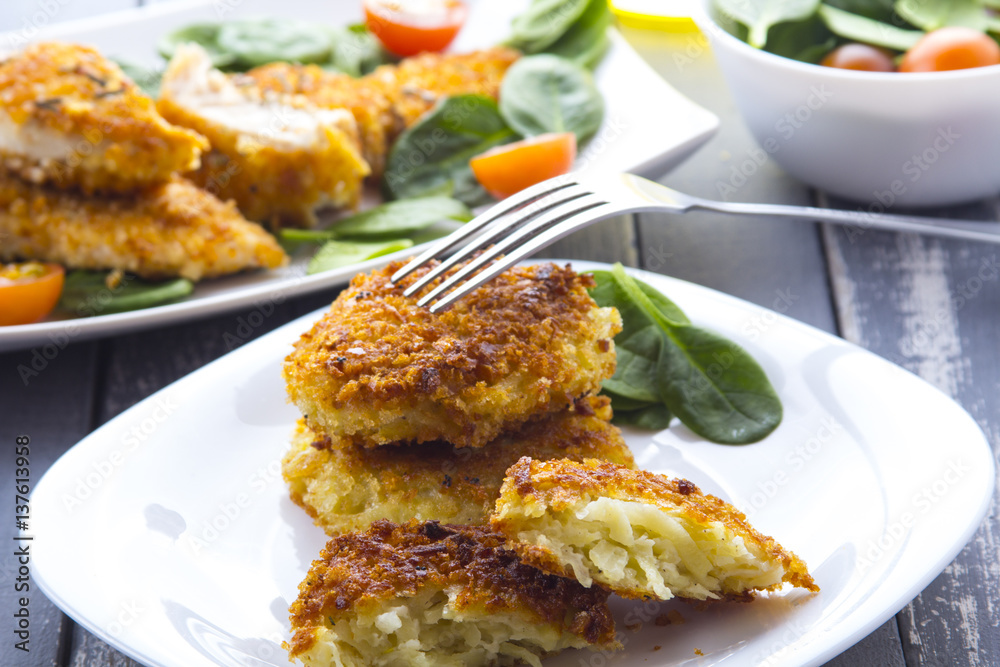 Food fried breading chicken spinach salad tomatoes pancakes from potatoes
Food fried breading chicken spinach salad tomatoes pancakes from potatoes