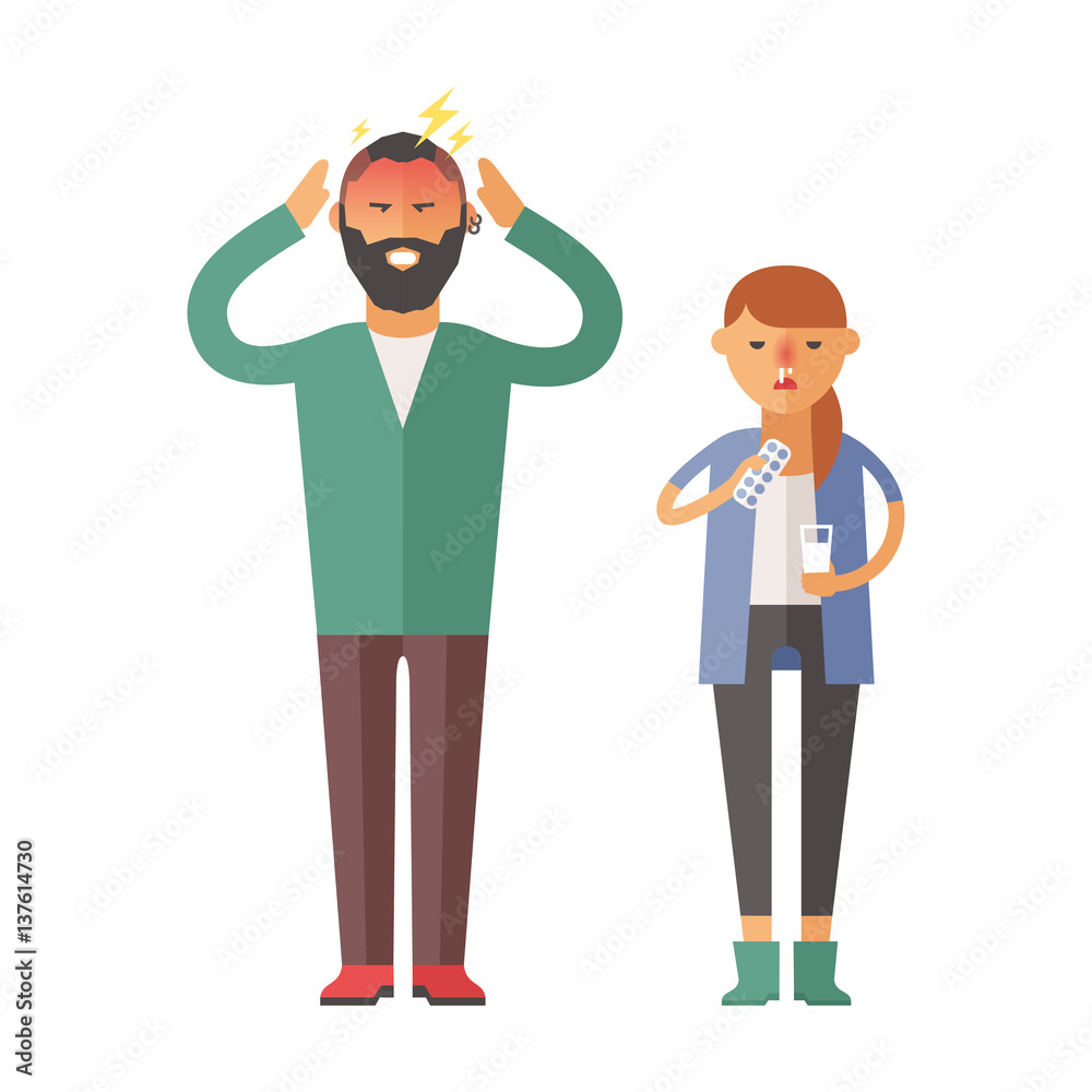 Illness flu people feeling cold and blowing his nose vector illustration. Illness flu people feeling cold and blowing his nose vector illustration.