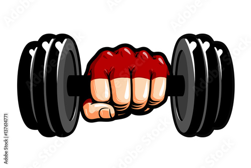 Heavy dumbbell in hand, cartoon. Gym, bodybuilding, weightlifting symbol. Sport vector illustration