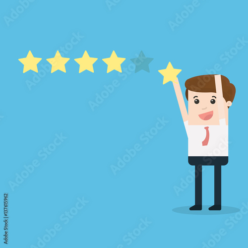 Cartoon character, Businessman holding a star for giving five star rating., vector eps10