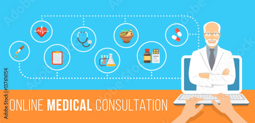 Health care online consultation flat conceptual banner. Medical assistance by internet. Senior male doctor consultant gives information about medicines. Patient uses computer for online diagnostics