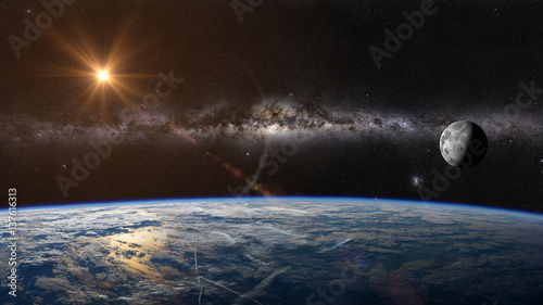 The sun, moon and earth views from earth's orbit. Elements of this image furnished by NASA