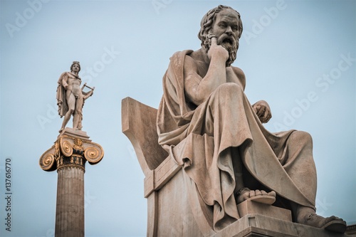 Athens, Greece - February 12, 2017: The statue of Socrates at the National Academy of Athens - vintage version
