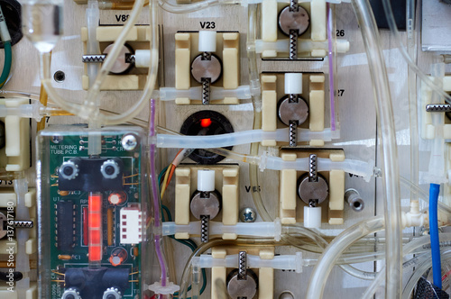 Inside of chemical analyser. Components mounted on a board