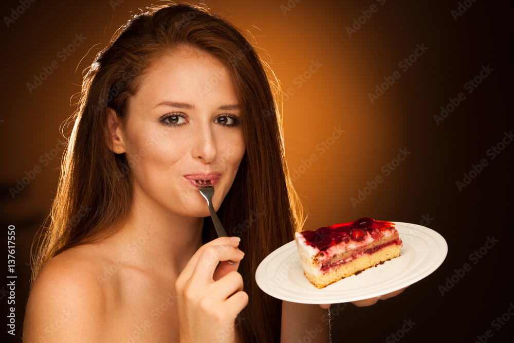strawberry cake - wman eats sweet dessert isolated strawberry cake - wman eats sweet dessert isolated