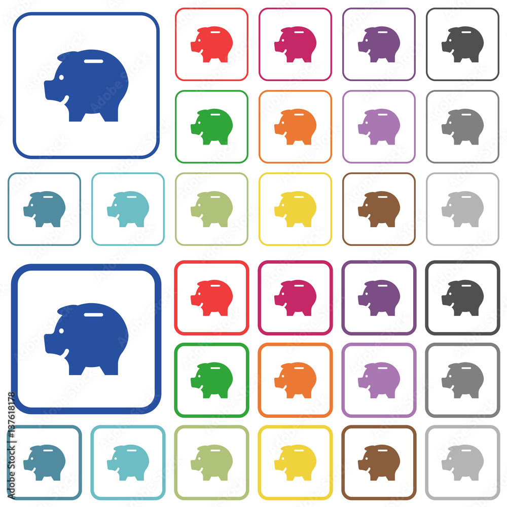 Fototapeta premium Piggy outlined flat color icons