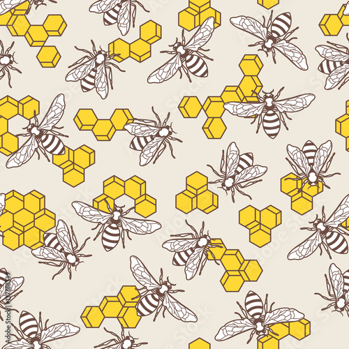 Vector seamless pattern with linear bee and yellow honeycombs. Organic honey background. Concept for honey package design, label, wrapping, prints.