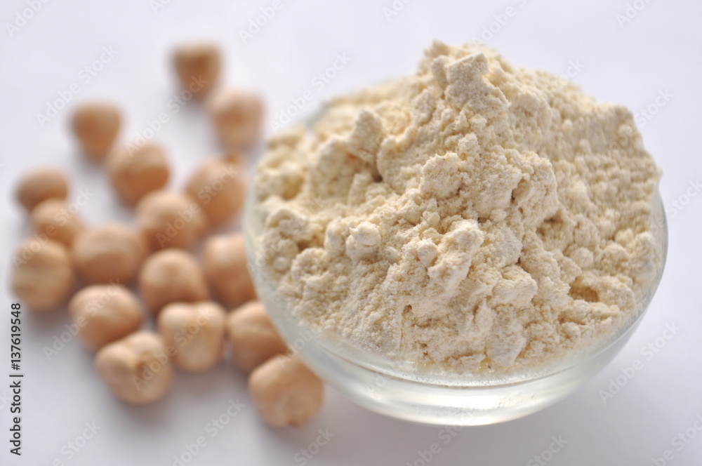 Chickpea flour and chickpeas isolated on white. Alternative gluten-free flour for baking and cooking.
Chickpea flour and chickpeas isolated on white. Alternative gluten-free flour for baking and cooking.