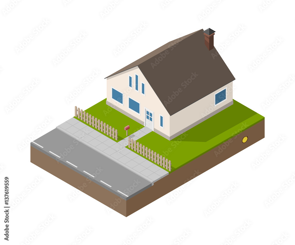 Isometric suburban beige house with door, windows and chimney. Building, fence, mailbox, road, garden and treasure. Vector simple estate isolated. Isometric suburban beige house with door, windows and chimney. Building, fence, mailbox, road, garden and treasure. Vector simple estate isolated.