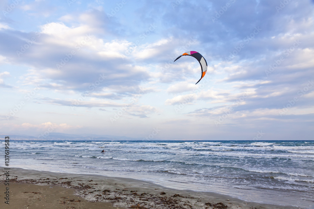 Kitesurfing on a Lady's Mile beach, Limassol, Cyprus Kitesurfing on a Lady's Mile beach, Limassol, Cyprus