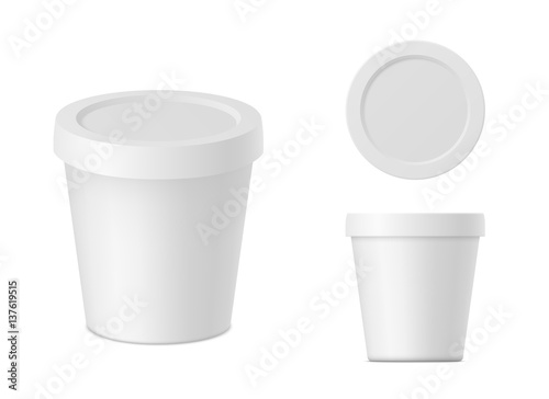 Vector realistic white cream container with cap isolated. Yogurt package on white background. Mock up front view, top view and isometric