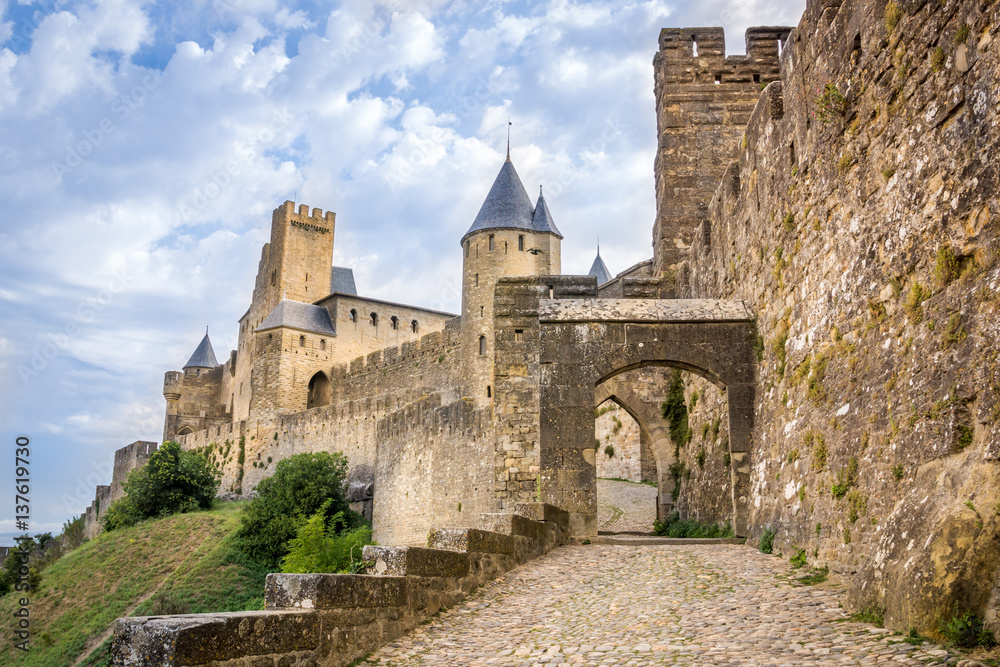 Remparts de la citadelle de Carcassonne, Aude - obrazy, fototapety, plakaty 