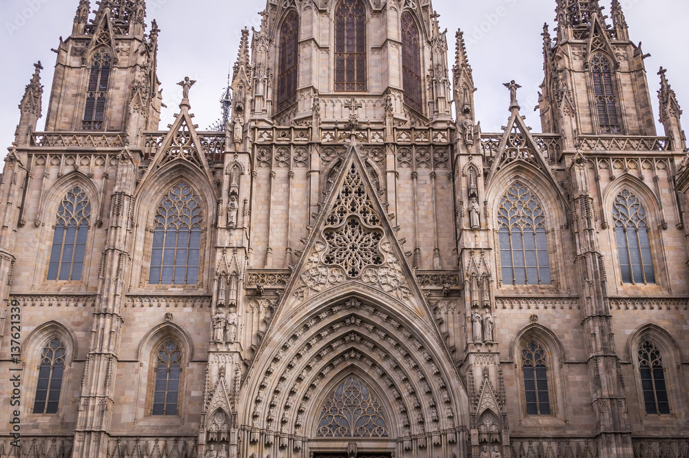Gothic Catholic Cathedral Facade in Barcelona, Catalonia, Spain