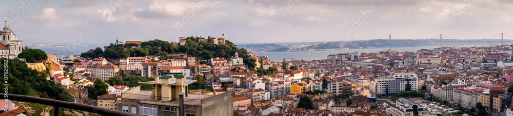Panoramic aerial view of Lisbon, Portugal with Sao Jorge Castle