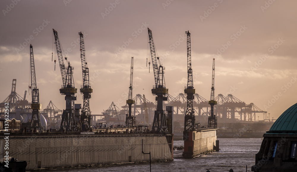 Port of Hamburg with cranes at dusk, Germany
