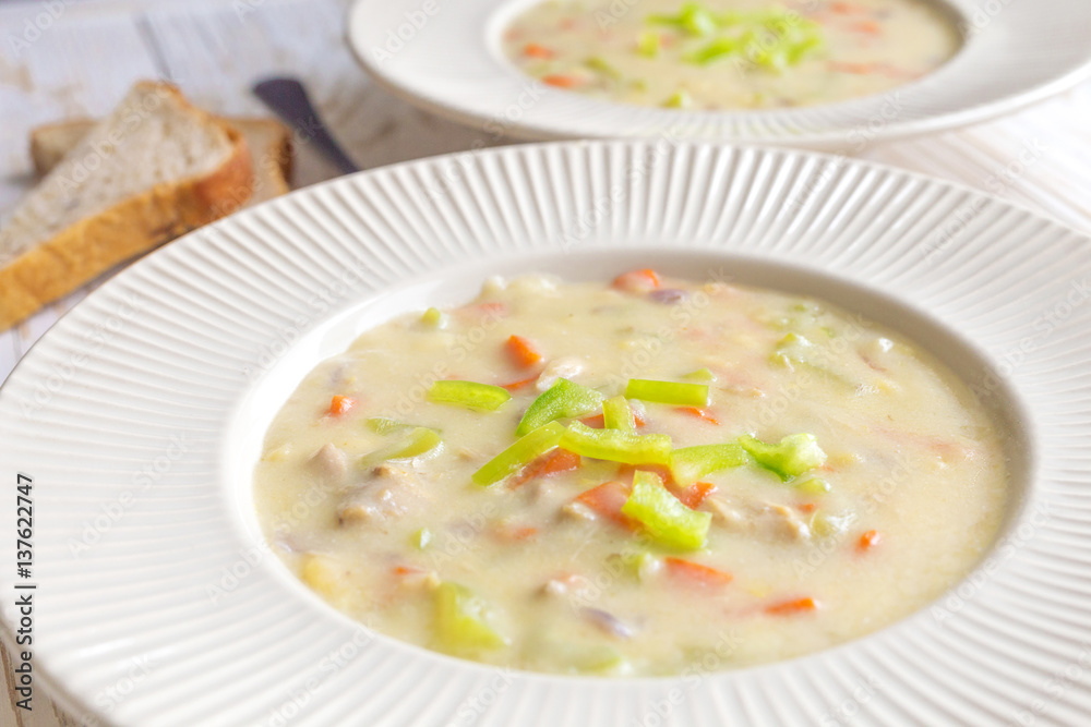 Traditional Nigerian mixed vegetable soup with corn fleur Traditional Nigerian mixed vegetable soup with corn fleur