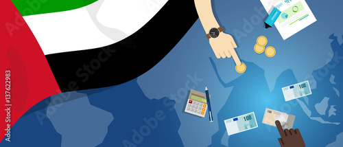 United Arab Emirates economy fiscal money trade concept illustration of financial banking budget with flag map and currency