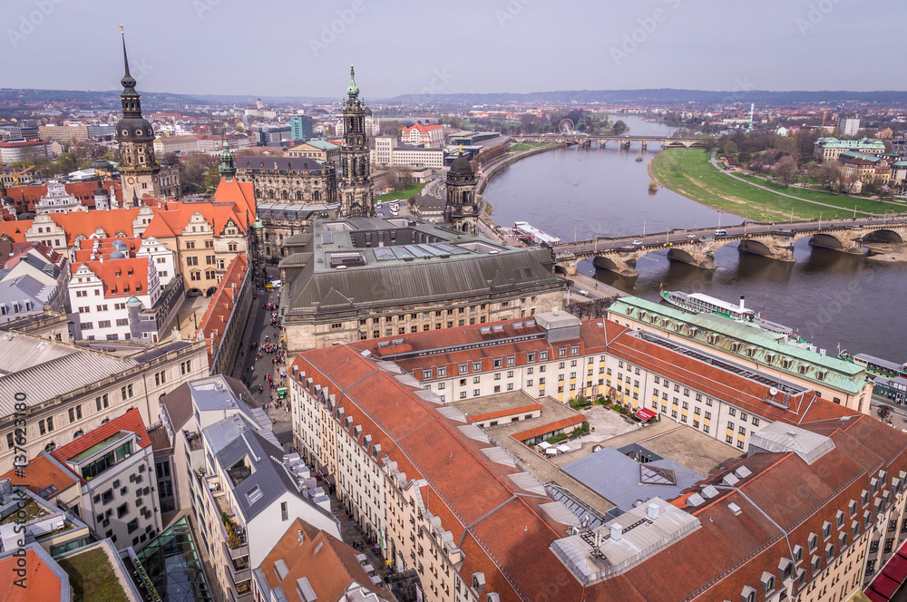 Aerial panoramic view of Old Town in Dresden, Saxony, Germany