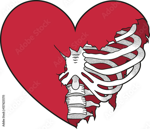 Vector illustration of a red ripped heart with ribs underneath