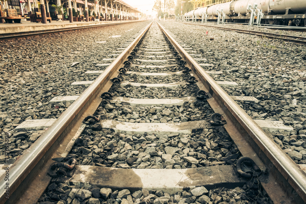 Old railroad tracks at train station Old railroad tracks at train station