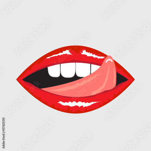 Close up view of young pretty portrait . Open mouth with white teeth , Scarlet lips with and tongue . Pop art comic style. Vector illustration.