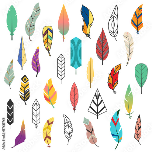 Tribal flat feather different style bird vintage colorful ethnic set and isol...
