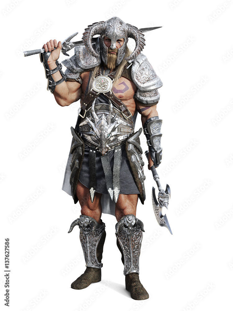 Standing fierce armored barbarian warrior on an isolated white background. 3d rendering illustration Standing fierce armored barbarian warrior on an isolated white background. 3d rendering illustration