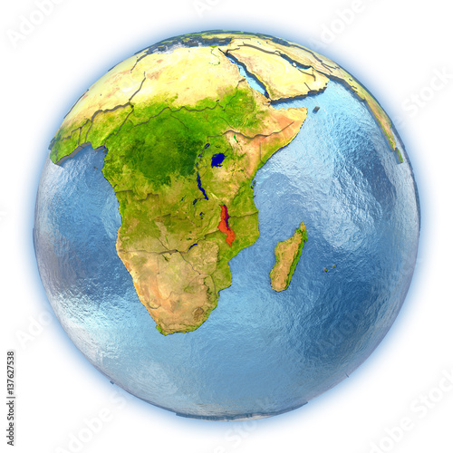 Malawi on isolated globe