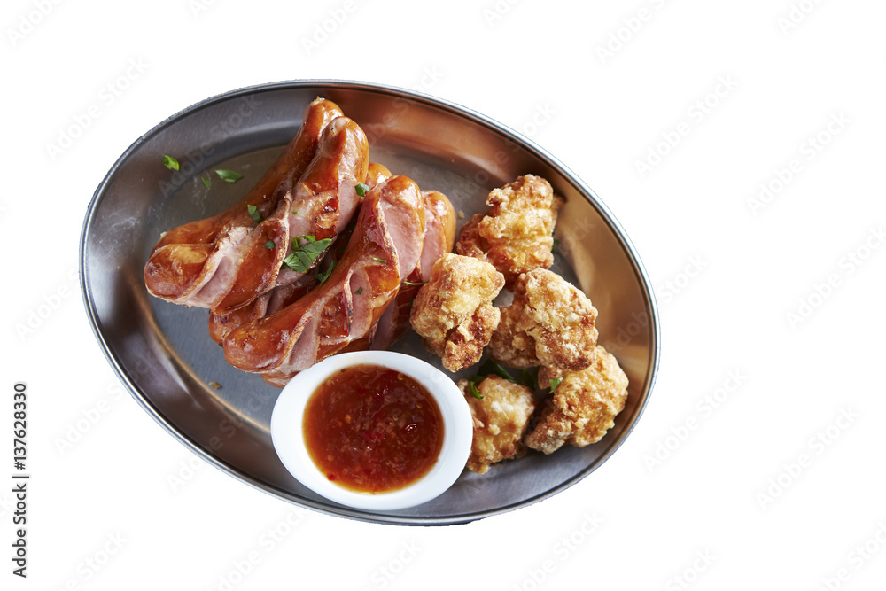 Grilled sausage with fried chicken 