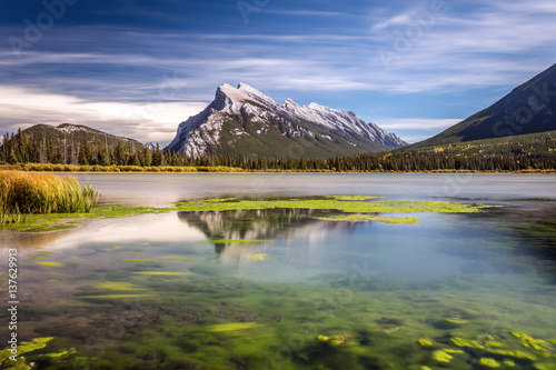 Long exposure of Mount Rundle with reflection from Second Vermilion Lake in Banff National Park, Alberta, Canada.