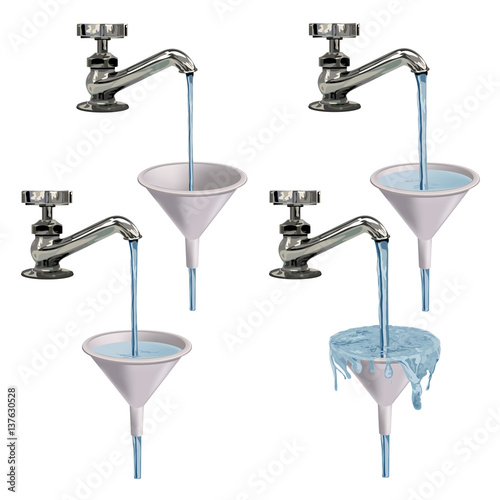 Taps running at different speeds into funnels science showing how flow rates can very water levels. one funnel has it's water overflowing the sides