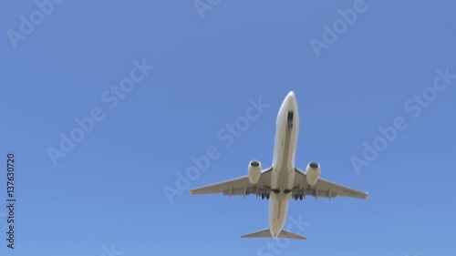 Jet plane taking off in blue sky
