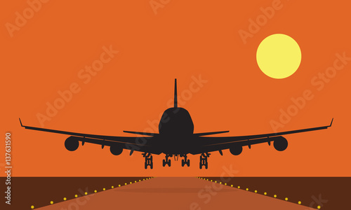 Landing plane over runway at sunset. Flat and solid color travel concept background.