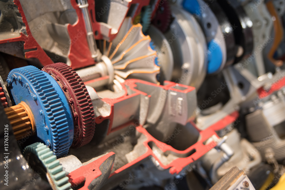 An inside view of an R-2800 Wasp radial engine with the gears highlighted in color. This engine was used to power World War II fighters and bombers. An inside view of an R-2800 Wasp radial engine with the gears highlighted in color. This engine was used to power World War II fighters and bombers.