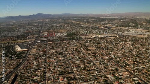 Aerial of the residential neighborhood, showing houses and streets. Wide angle view. photo