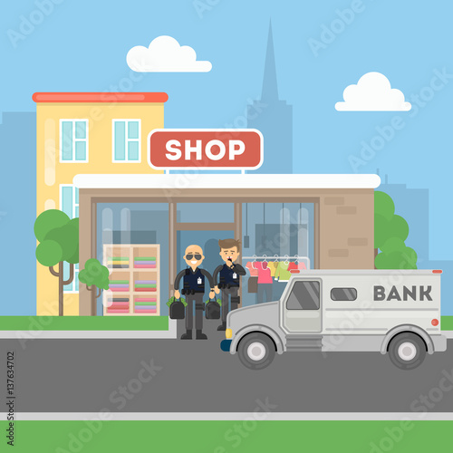 Cash transit guards with van. Two smiling men in bulletproof vests with money bags. Landscape with shop building.