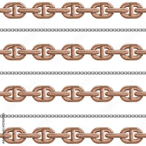 Chains link strength connection vector seamless pattern of metal linked parts and iron equipment protection strong sign shiny design background.