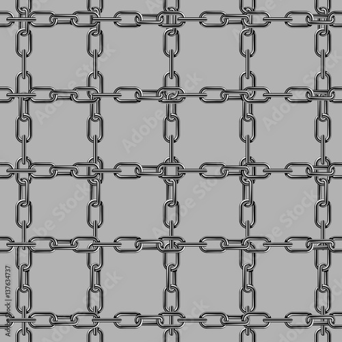 Chains link strength connection vector seamless pattern of metal linked parts and iron equipment protection strong sign shiny design background.