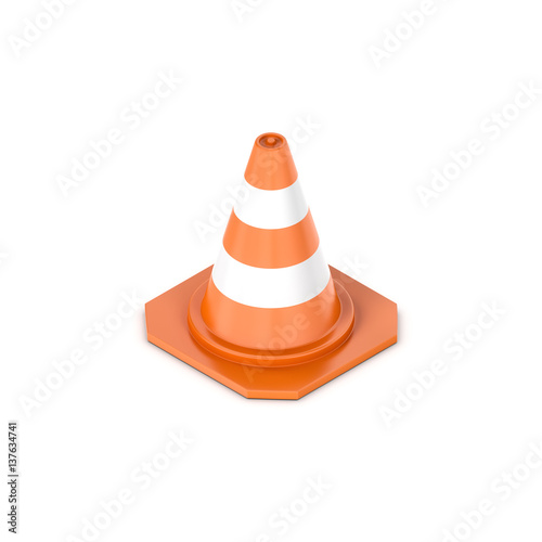 3d rendering of a orange traffic cone with white stripes in isometric view.