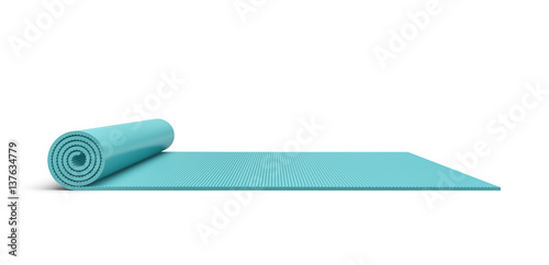 Rendering of blue half rolled yoga mat isolated on white background.