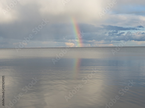 rainbow reflecting in lake with clouds