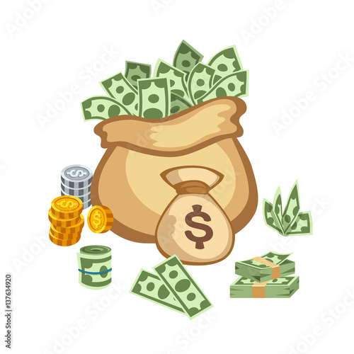 Dollar paper business finance money stack in bag of bundles us banking edition and banknotes bills isolated wealth sign investment currency vector illustration.